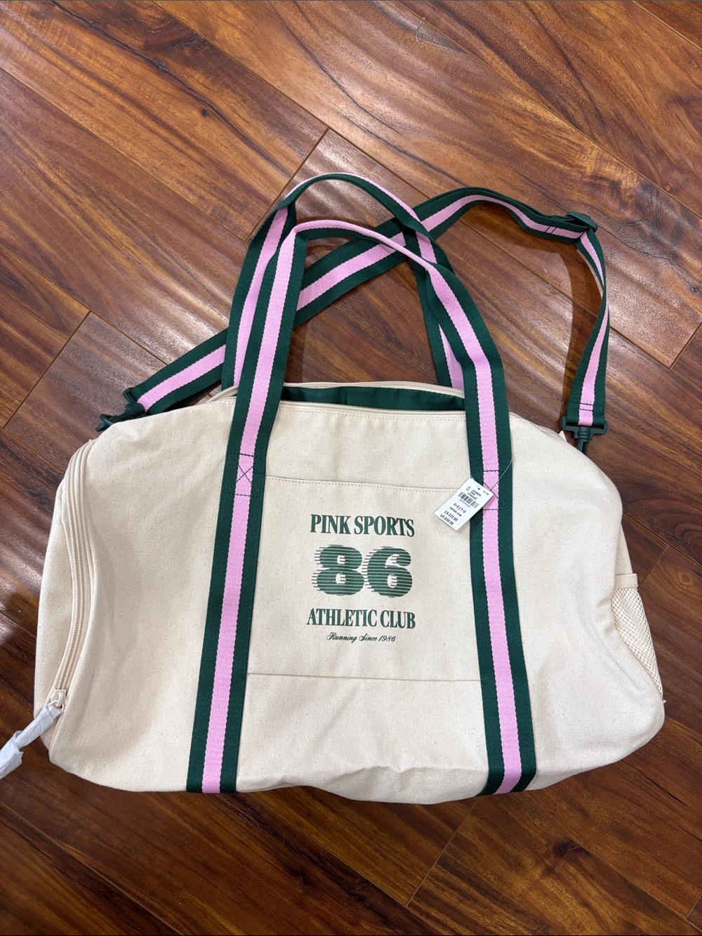 PINK Victoria's Secret Cream Duffel with Green and Pink Straps